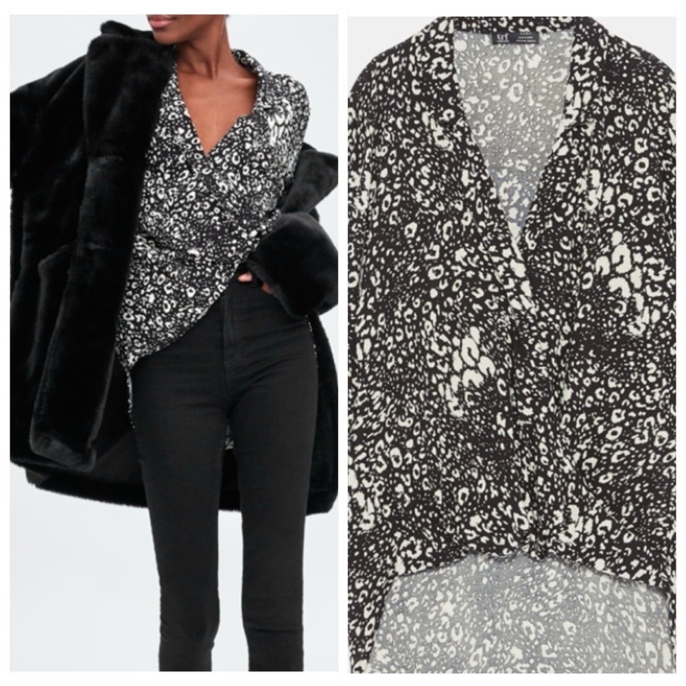 Zara Blouse Womens Size‎ XS Faux wrap High low Hem leopard print V Neck Top New